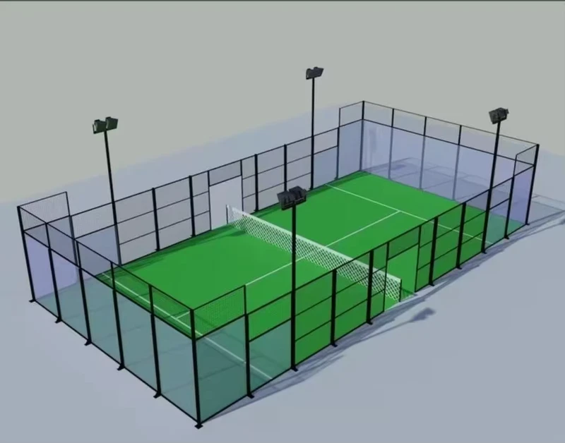 Panoramisch Buiten Paddle Tennisbaan Stalen Structuur Groene Kunstgras LED Verlichting Glas Inclusief Alle Essentiële Apparatuur