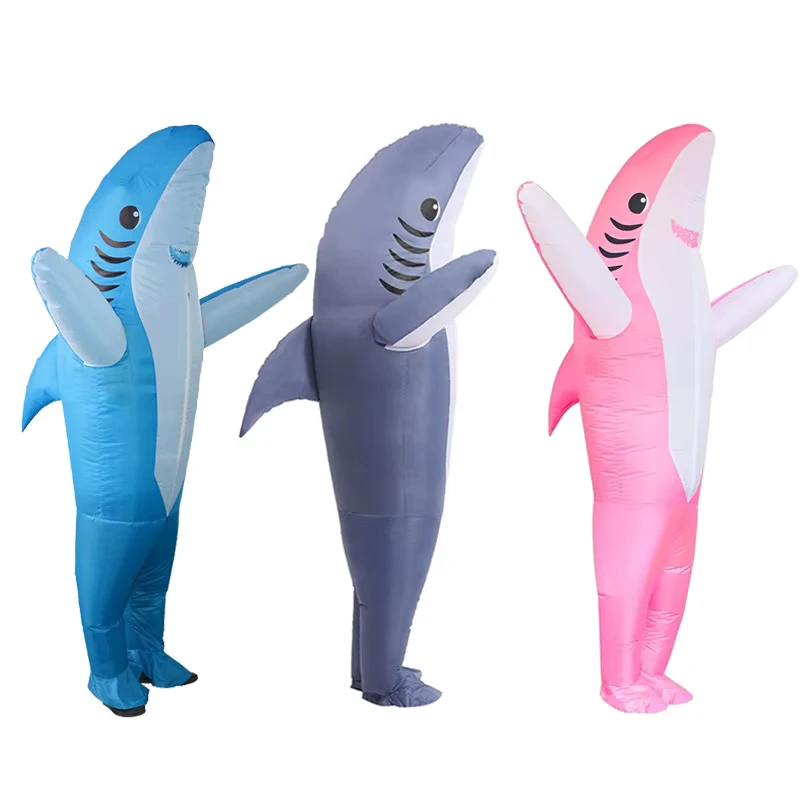 Disfraz Inflable de Tiburón Divertido para Adultos Unisex, Mascota de Halloween, Disfraz Completo de Poliéster Azul con Aire