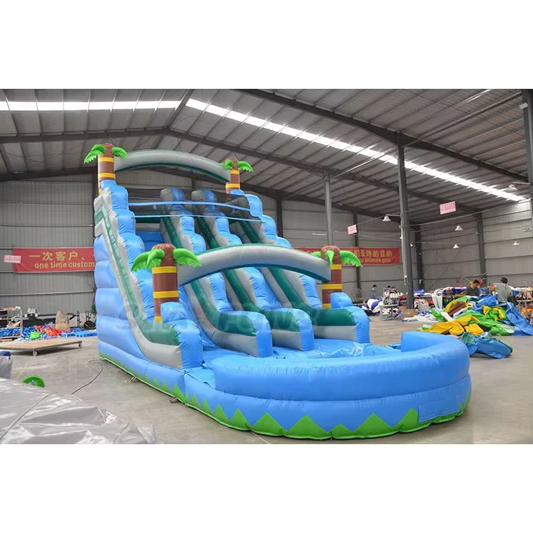 Equipamento de Aluguer para Festas Escorrega Aquático Inflável em PVC Comercial Azul Árvore de Palma Piscina para Venda