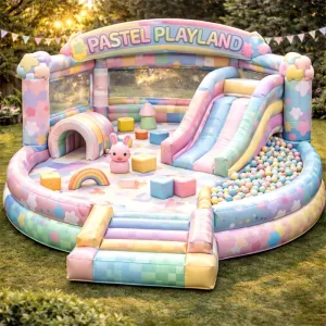 Pastel Castle Rainbow PVC CE Certified Commercial Inflatable Bounce House Slide Combo Playland