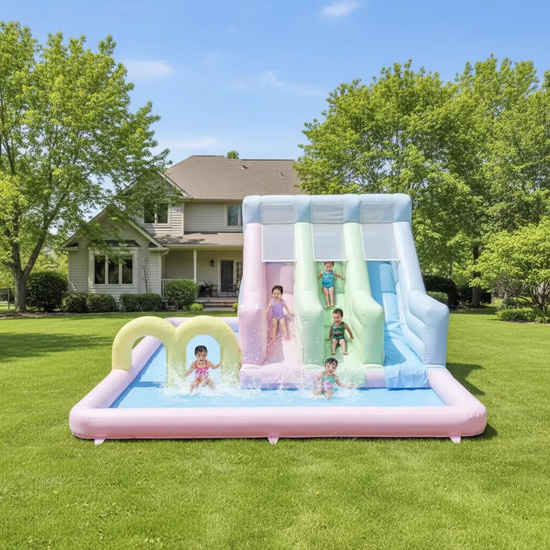 Pastel Macaron 3 Lane Inflatable Water Slide with Pool Kids Bounce Castle for Backyard Party Amusement Park