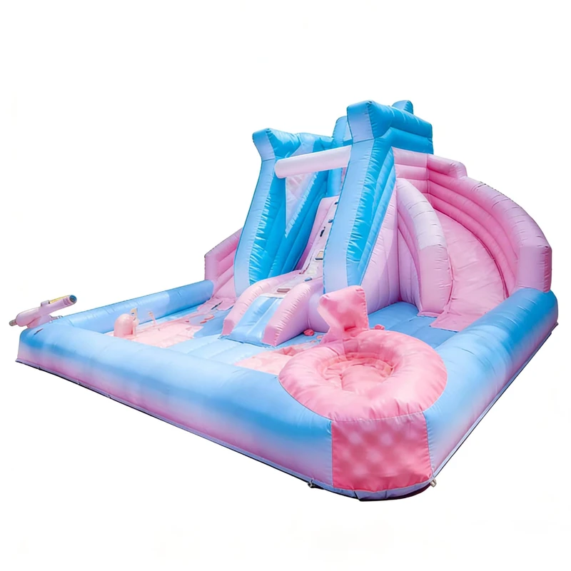 Seluncuran Air PVC Ramah Lingkungan Bertema Warna Pink Biru Tiga Jalur Inflatable untuk Anak-anak Kelas Komersial Penggunaan Luar Ruangan >500kg