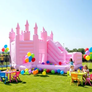 Pastel Pink Inflatable Castle Bounce House with Slide Jumping Castle for Kids Birthday Party Wedding Event Rental