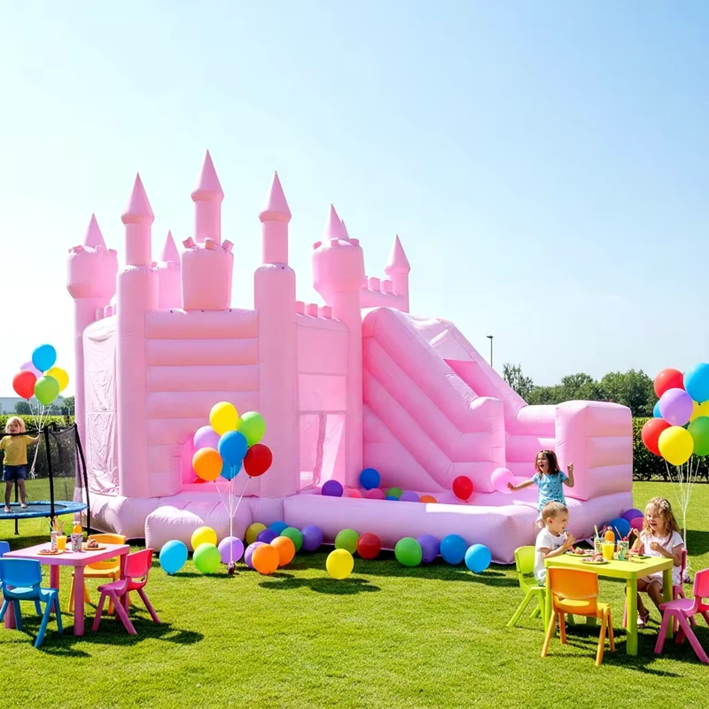 Istana Tiup Warna Pink Pastel dengan Seluncuran, Kastil Lompat untuk Pesta Ulang Tahun Anak, Penyewaan Acara Pernikahan