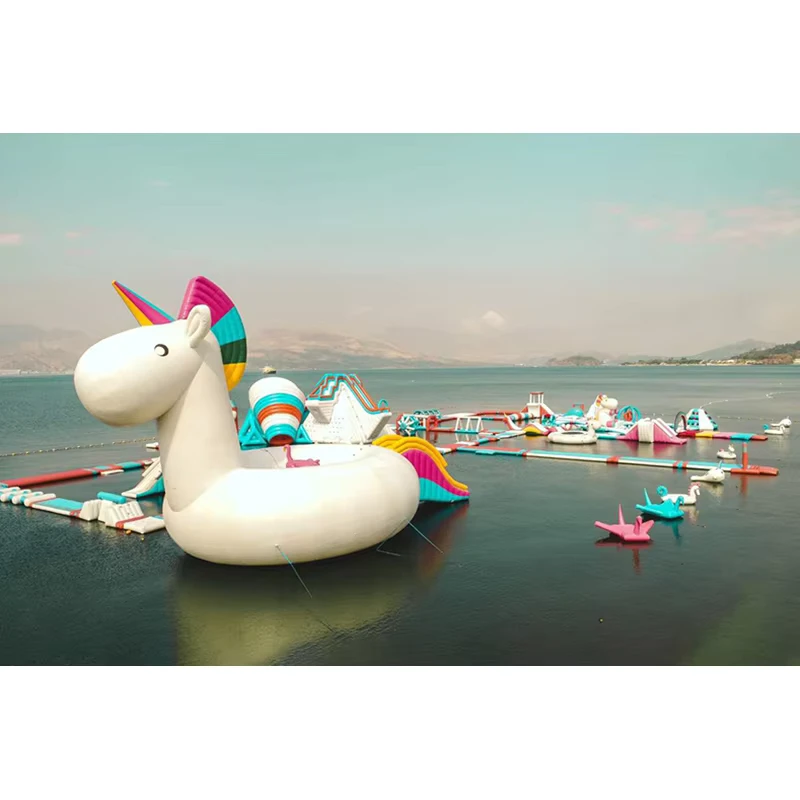 Philippines Outdoor Sea Ocean Lake Aqua Park Inflatable to Beach Obstacle Course Races Water Parks With Big Unicorn Slide