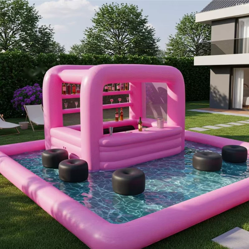 Bar Gonfiabile Rosa con Piscina e Sgabelli Galleggiante Portabottiglie per Vino per Festa in Piscina nel Giardino