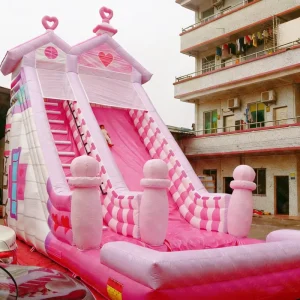 Pink and White PVC Vinyl Inflatable Slide and Castle with Pool for Kids and Adults for Outdoor Parties
