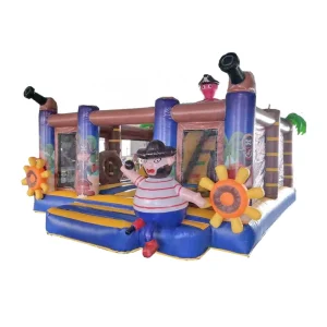 Combo château gonflable en forme de navire pirate avec toboggan et obstacles
