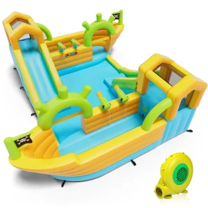 Pirate Ship Themed Inflatable Bounce House with Dual Lane Slides Commercial Grade for Kids Water Play