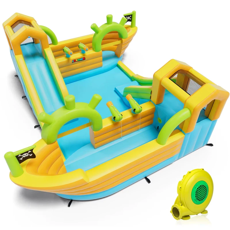 Castello gonfiabile a tema nave pirata con scivoli a doppia corsia, grado commerciale per giochi d'acqua per bambini