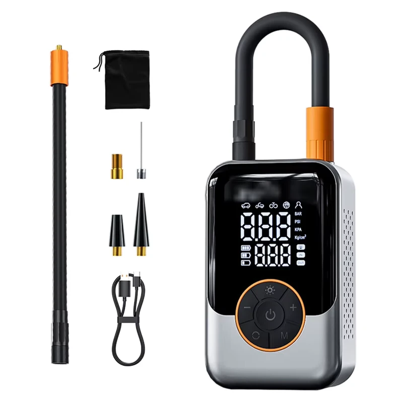 Portable Air Compressor Inflation Pump with LED Display for Electric Motorcycle and Bicycle Black Gray Orange