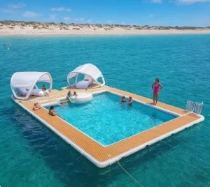 Plataforma inflable de yate flotante portátil para océano con diseño de patrón de madera de teca