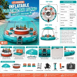 Flotador de agua redondo portátil para 3-5 adultos, plataforma inflable impermeable para uso en playa, yate y vacaciones junto al mar
