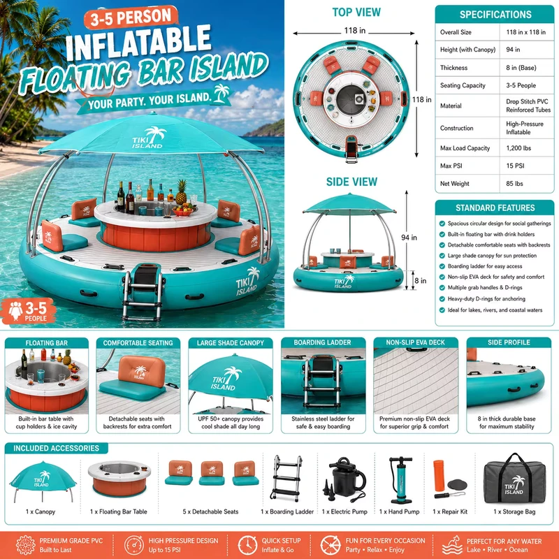 Flotador de agua redondo portátil para 3-5 adultos, plataforma inflable impermeable para uso en playa, yate y vacaciones junto al mar