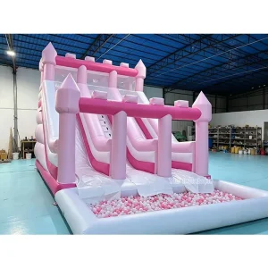 Castillo inflable grande rosa premium, casa de rebote con tobogán y piscina de pelotas para fiestas de cumpleaños de niños, certificación de seguridad