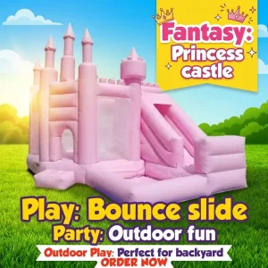 Princess Wedding Party Inflatable Bounce House with Slide Candy Pink PVC Material
