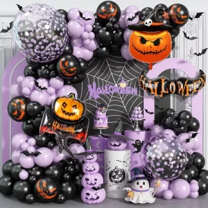 Paarse Halloween Ballon Garland Boog Kit, zwarte en oranje latex, transparante Bobo, pompoen, spook, folie, PVC vleermuis, verjaardagspartij decoratie