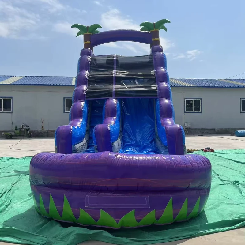 Escorrega Inflável Tropical em Mármore Roxo com Piscina de Salto, PVC de Grau Comercial, Escorrega Gigante para Festas de Crianças