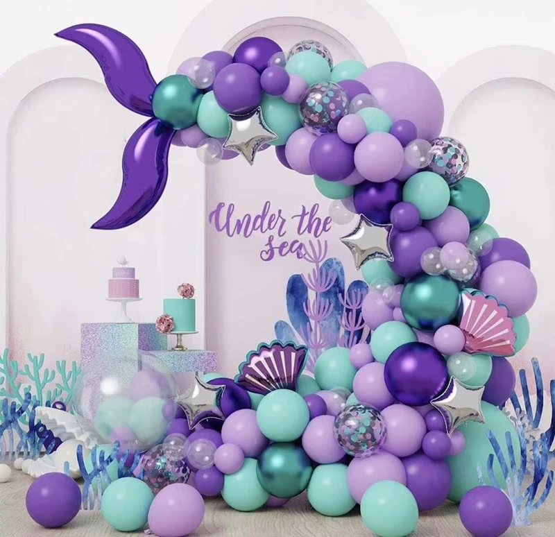 Kit de guirlande de ballons en latex imprimés avec une queue de sirène violette pour un anniversaire, un mariage, une baby shower, la Saint-Valentin.