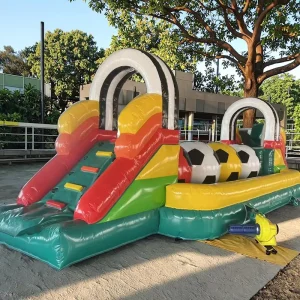 QIQU 12x4m Football Theme Combo with Slide & Training Bounce House Obstacles Soccer Inflatable Obstacle Course