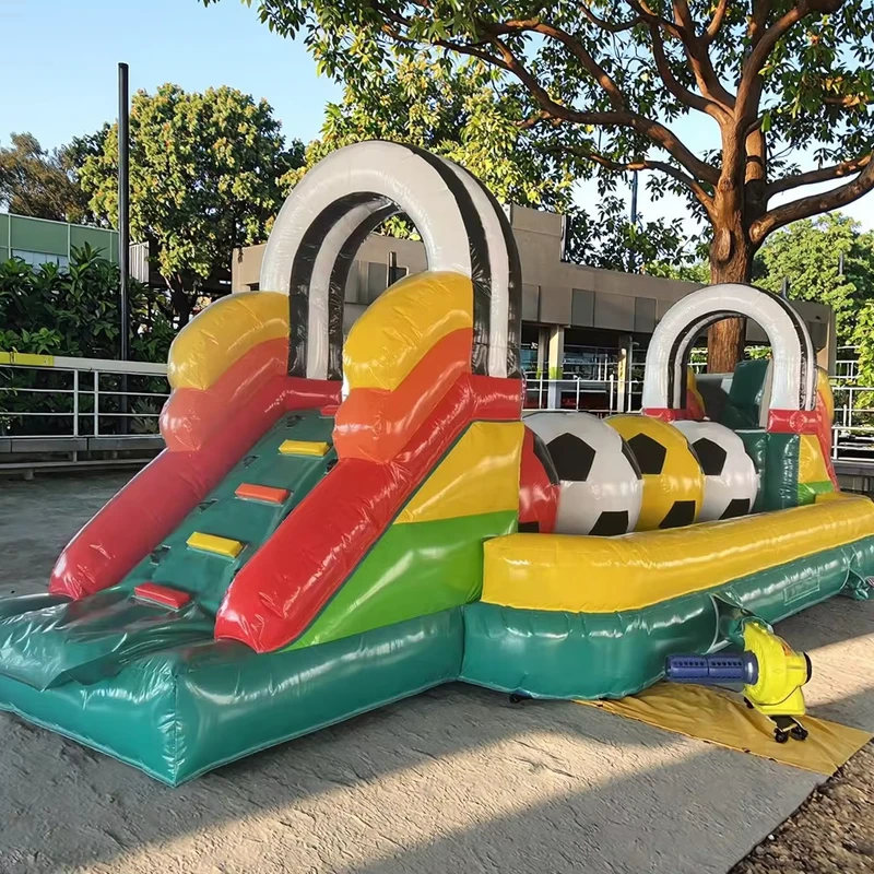 QIQU 12x4m Football Theme Combo with Slide & Training Bounce House Obstacles Soccer Inflatable Obstacle Course