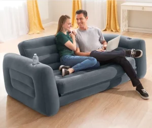 Queen Sized Gray Portable Inflatable Furniture Set Air Mattress & 2 Pull Out Couch Lounge Chairs with Storage Feature for Guests