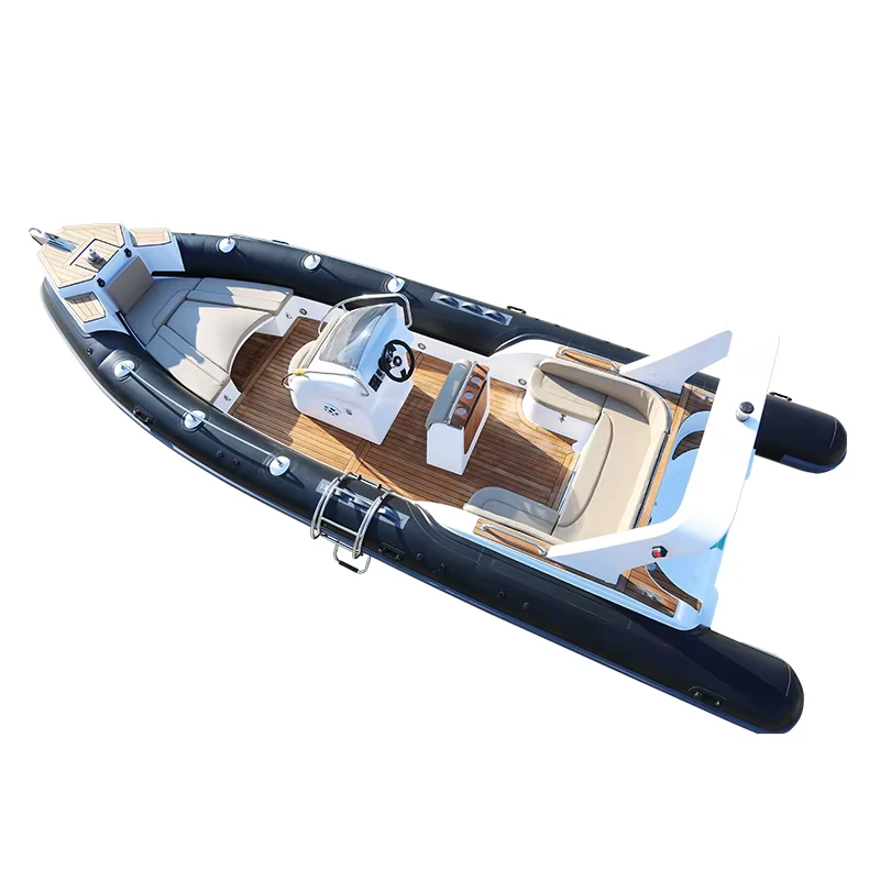 RIB760 - Barco Inflável Elétrico de Luxo com Casco de Fibra de Vidro Rígido para Pesca em Lagos com Motor de Força, conjunto combinado