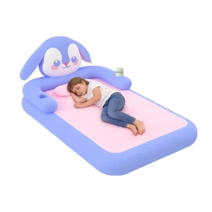 ウサギキャンピングインフレータブル幼児用旅行ベッド フロック付き ブローアップスリーピングパッド キッズベッドルーム用エアマットレス バックレストカップホルダー付き