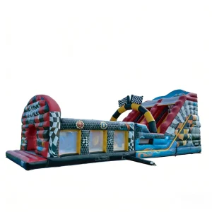 Race Car Themed Inflatable Obstacle Course Dual Slides Kids Speed Adventure Play Equipment Commercial Grade Dry PVC Material