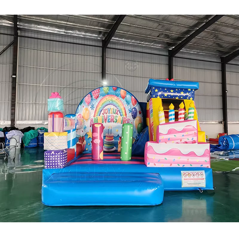 Castello Gonfiabile per Compleanno Arcobaleno con Torta e Regali per Celebrazioni di Bambini, Giochi Indoor e Eventi Festivi