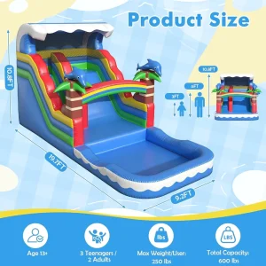สไลด์น้ำเป่าลมรูปปลาโลมาสีรุ้ง PVC สำหรับเด็ก สระน้ำในบ้าน สวนหลังบ้าน โรงเรียน งานปาร์ตี้ฤดูร้อน สนุกกลางแจ้ง