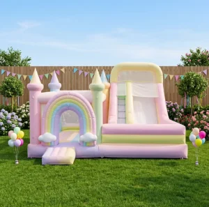 Rainbow Inflatable Bounce Combo Inflatable Bounce House Slide Pastel Inflatable Bouncer PVC