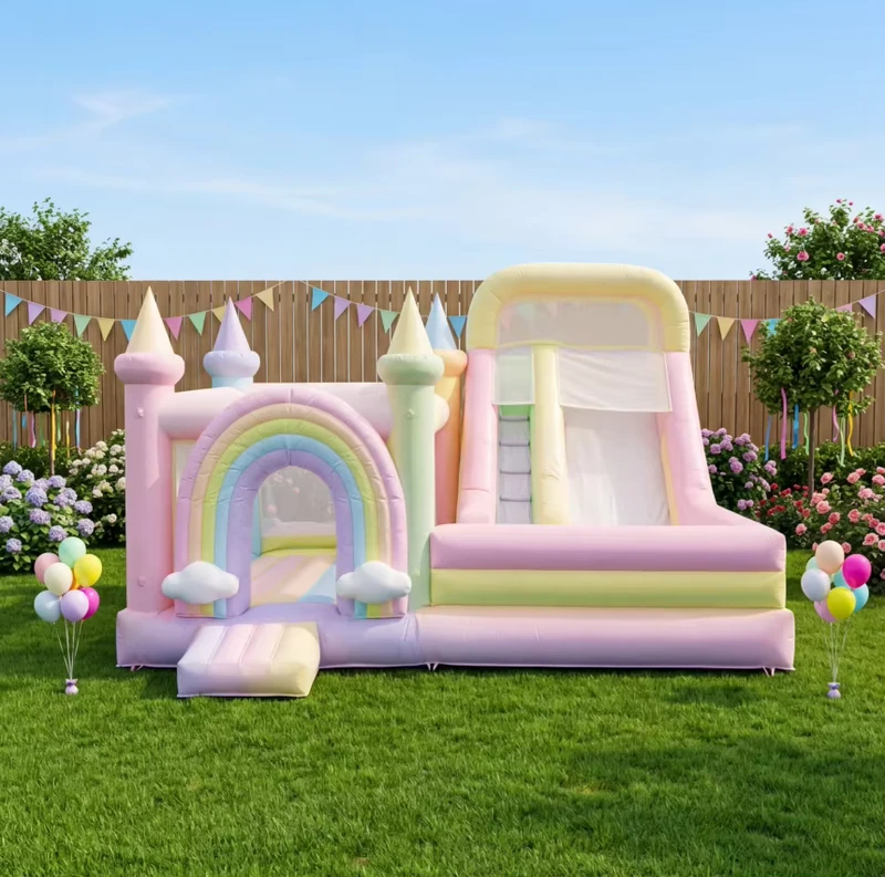 Combo gonflable arc-en-ciel, maison gonflable avec toboggan, bouncer pastel en PVC