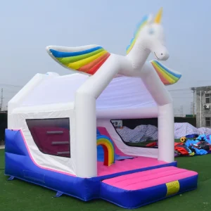 Lâu đài phao nhún nhỏ Rainbow, nhà chơi phao ngoài trời cho trẻ em có cầu trượt và quạt gió