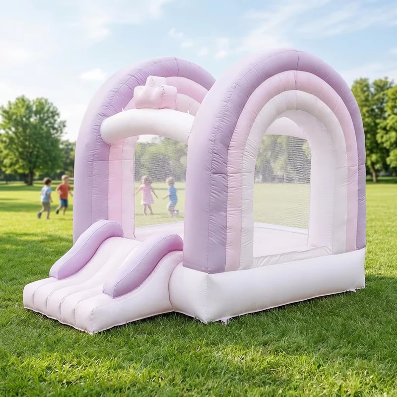 Cầu trượt trampoline ngoài trời màu hồng cầu vồng, lâu đài hơi, phong cách tối giản, tiệc cưới trẻ em, tùy chỉnh