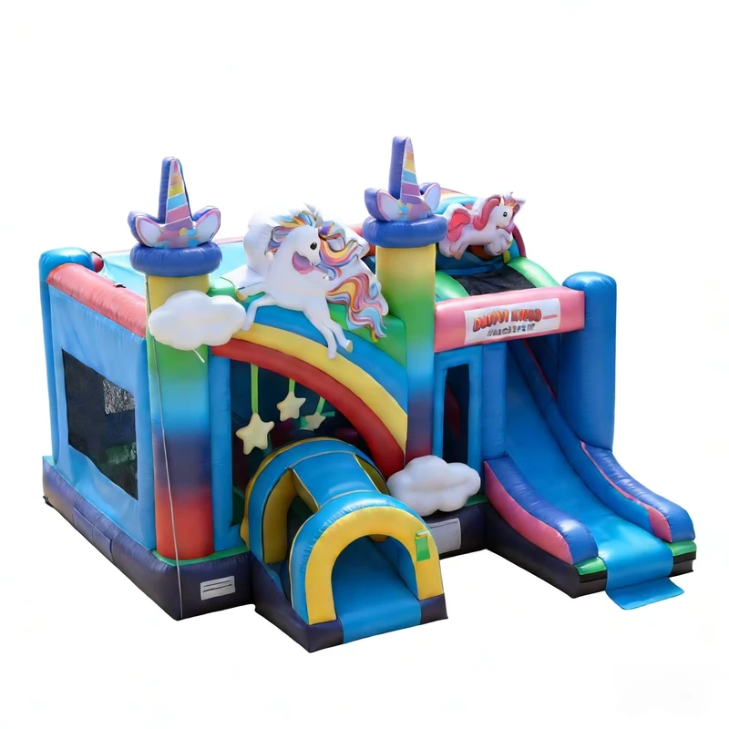 Rainbow Unicorn Castle Inflatable Bounce Slide Combo Eco Friendly PVC Material Commercial Grade Multicolor Themed Kids Play