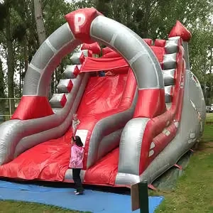 Red Gray Inflatable Dry Slide with Climbing Wall Party Rental Ready Weather Resistant Design