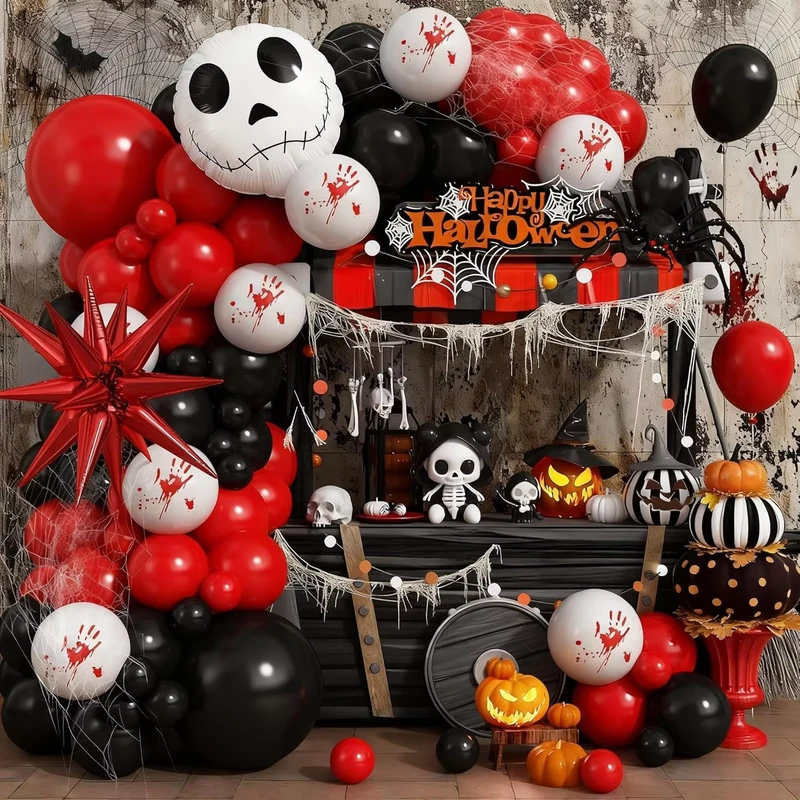 Red Halloween Latex Balloon Arch Kit Bloody Black White Spider Skull Face Star Foil Nightmare Horror Ghost Vampire Party Decor