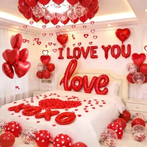 Red Valentine’s Day Balloon Kit I Love You Number Heart-Shaped Foil Balloons Rose Petals Latex Xoxo Proposal Wedding Party Decor
