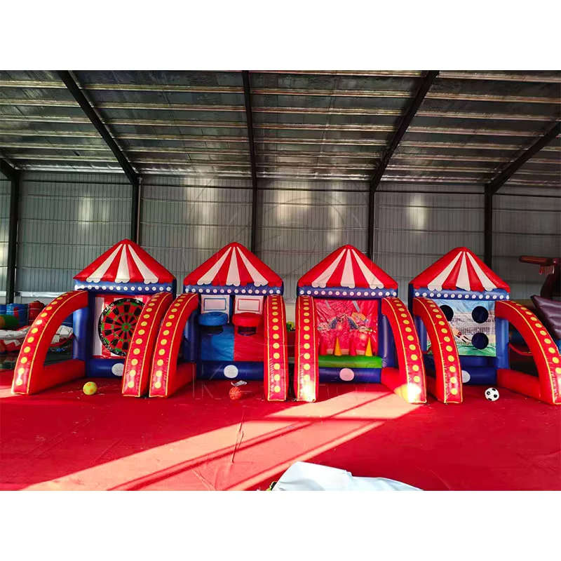 Rot Weiß Zirkuszelt aufblasbare Jahrmarktspielstationen kommerzielle 4 in 1 interaktive Spielbude für Partys Veranstaltungen