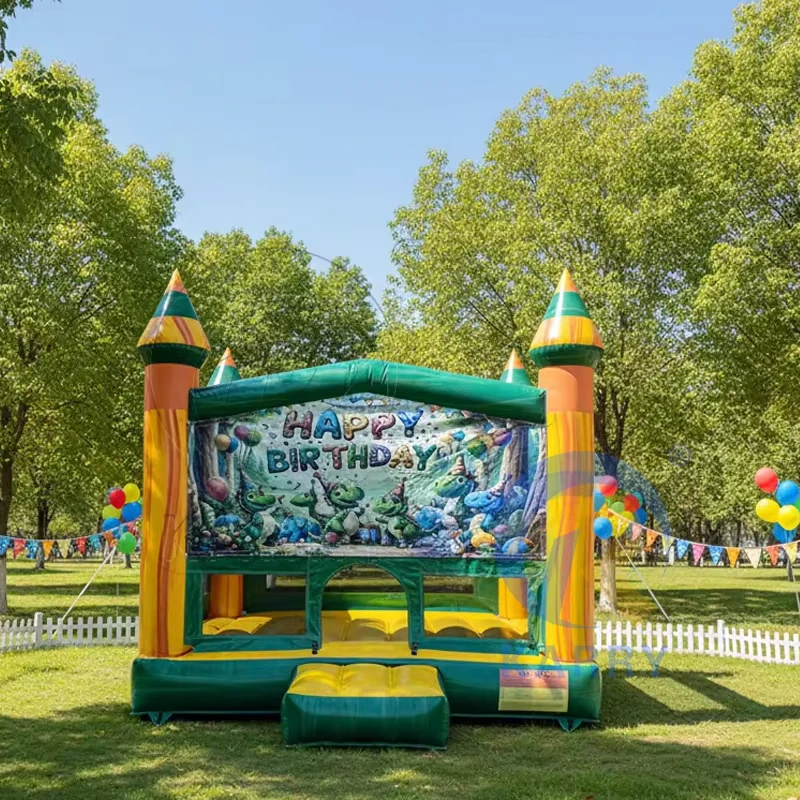 Vervangbare banner springkasteel opblaasbaar 13x13 springkasteel feestverhuur iriserend PVC springkasteel met basketbalring