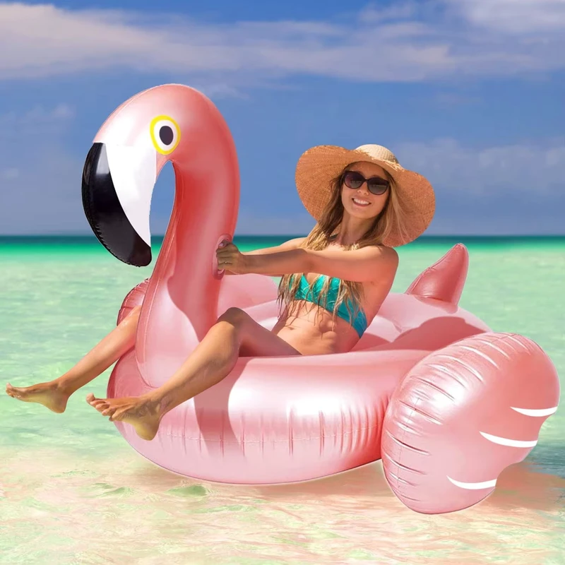 Pelampung Kolam Flamingo Inflatable Warna Emas Muda, Material PVC, Peralatan Permainan Air untuk Kolam Renang dan Pesta Kolam
