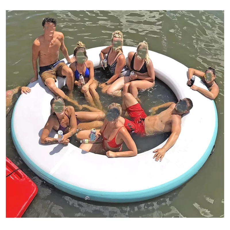 Hamaca Inflável Redonda com Centro em Malha, Ilha Flutuante para 6 a 8 Pessoas, Plataforma de Natação para Resort e Festa