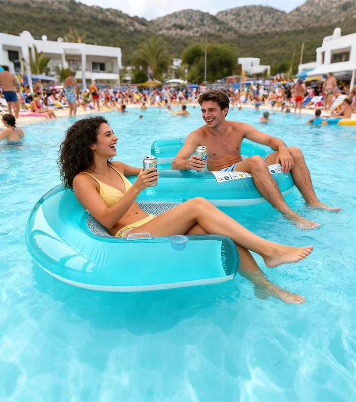 S-förmige 2-Personen Aufblasbare Poolliege Netz-Hängematte mit Becherhalter für Erwachsene Sommer Strand Pool Party Urlaubsgebrauch