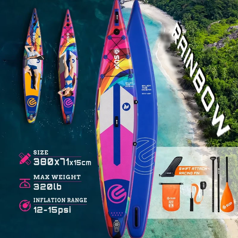 Prancha de Paddle Inflável SUP de 12 pés e 6 polegadas para Corrida e Lazer - Nome: Encontro Arco-Íris