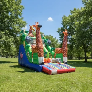 Safari Animal Inflatable Bouncy Castle with Slide and Jumping Areas for Kids