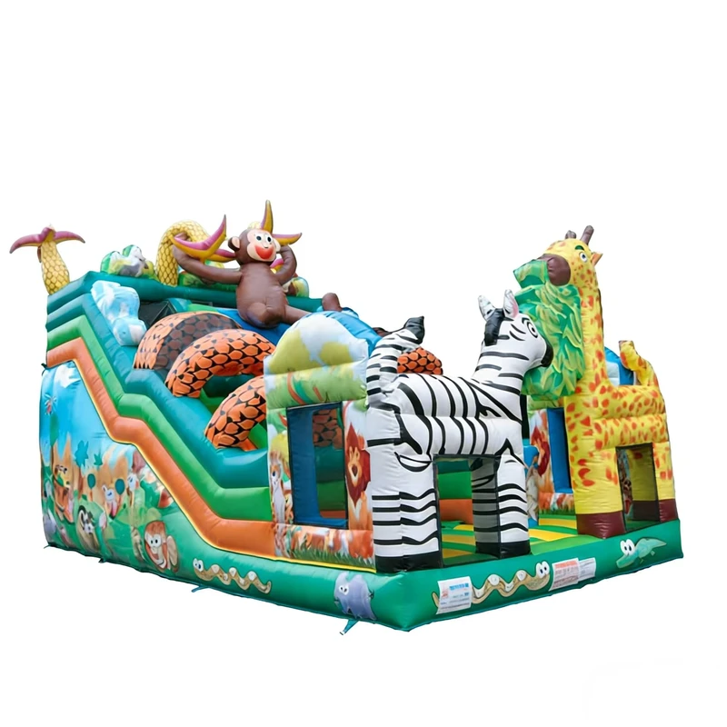 Safari jungle thema opblaasbare hindernissen glijbaan combo, kinderen dieren avontuur speelplaats, PVC, milieuvriendelijk, commercieel grade, buiten