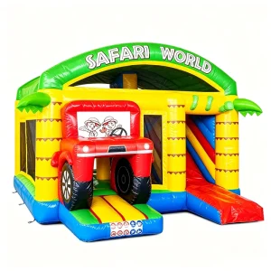 Safari World Themed Inflatable Bounce House Slide PVC Material 5-8 Capacity Kids Jungle Adventure Combo Commercial Grade Bouncer