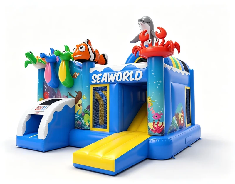 Castello Gonfiabile a Tema Seaworld con Scivolo Combinato Avventura Oceanica per Bambini in PVC Eco-Friendly 4x4x4m
