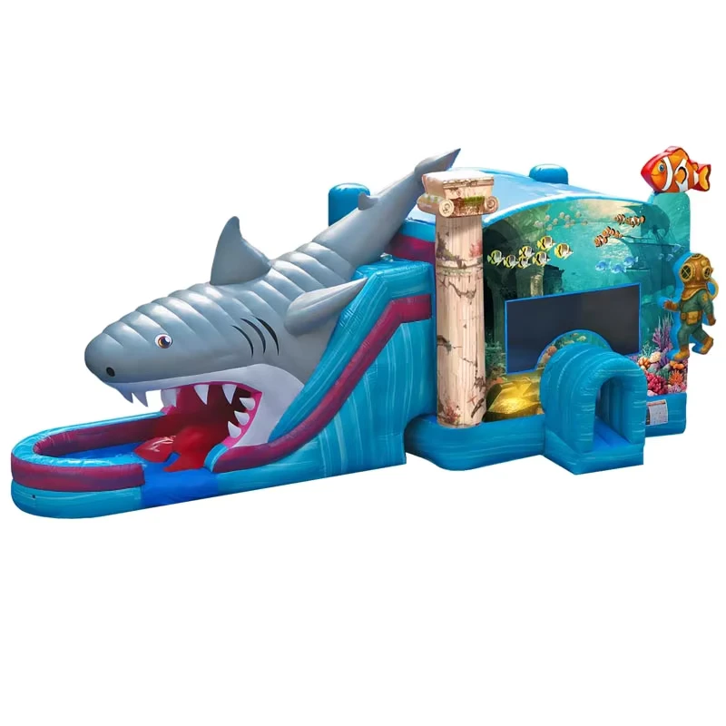 Shark Bounce House with Water Slide Atlantis Underwater Adventure Bouncy Castle with Dual Lane Wet Dry Slide Combo